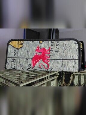 Here BE Dragon Men's Gray Canvas Zip Clutch with  Dragon Accent